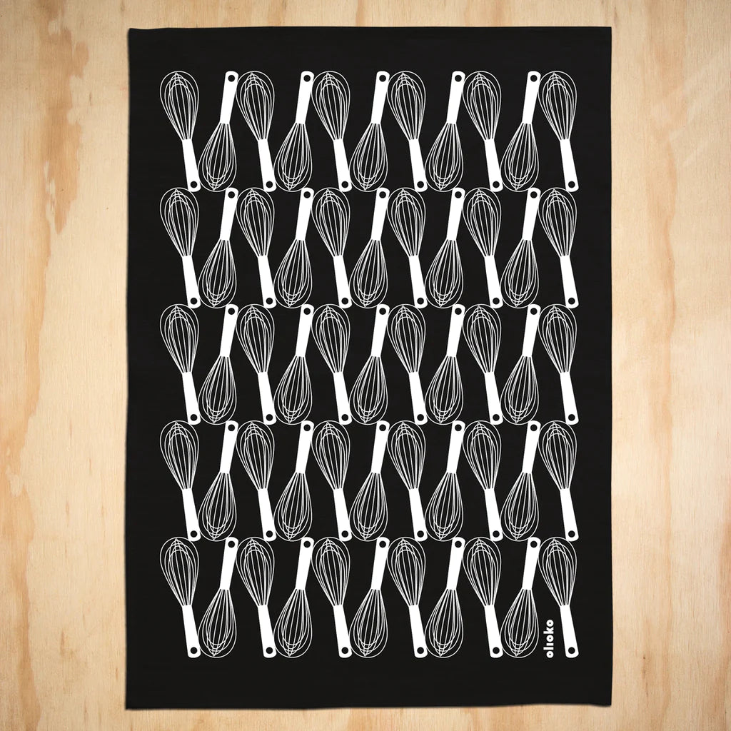 White Whisks on Black Tea Towel